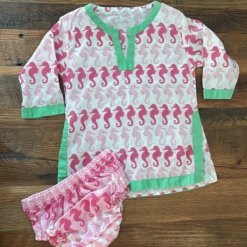 Pottery barn kids swim cover up set tunic top and bottom seahorses 6-12 month